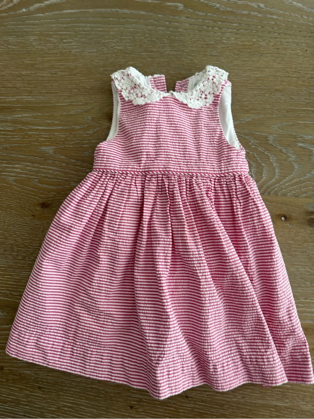 Ralph Lauren Pink and White Striped Seer Sucker Lace-Trim Pearl Bead Dress, 18m